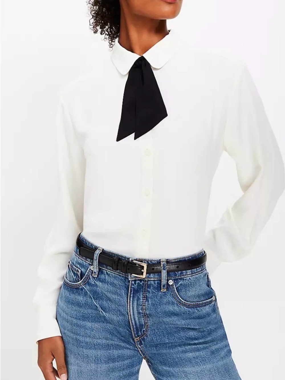 LOFT White Blouse with Black Tie Neck